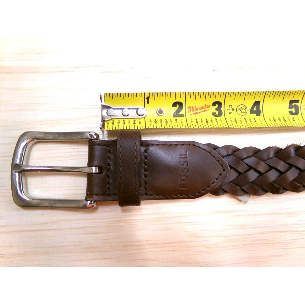 Fossil Men's Braided Leather Belt Brown Size 34 Silver Tone Buckle